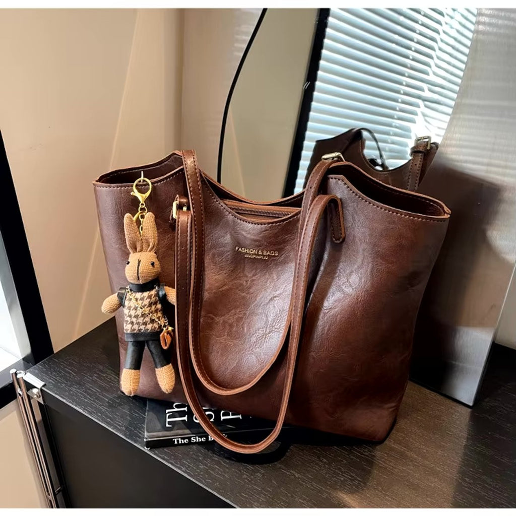 Women's Vegan Leather Charming Bunny Charm Shoulder Tote Bag