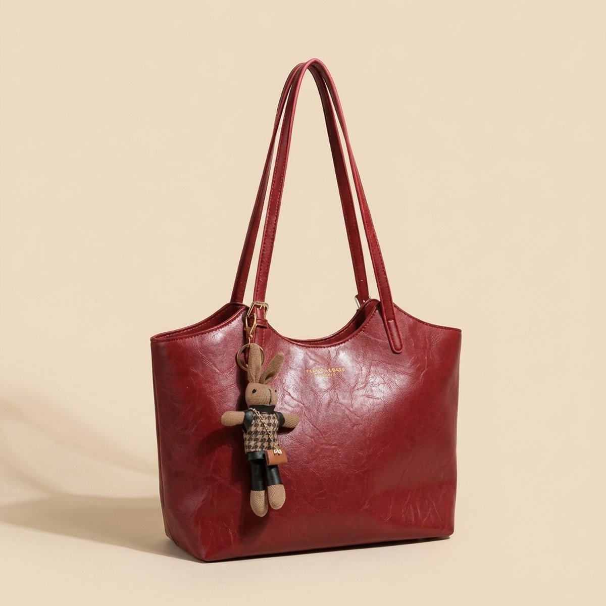 Women's Vegan Leather Charming Bunny Charm Shoulder Tote Bag