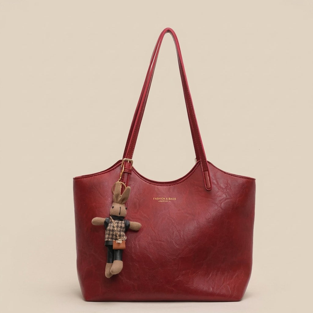 Women's Vegan Leather Charming Bunny Charm Shoulder Tote Bag - Red