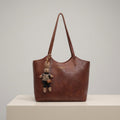 Women's Vegan Leather Charming Bunny Charm Shoulder Tote Bag - Brown