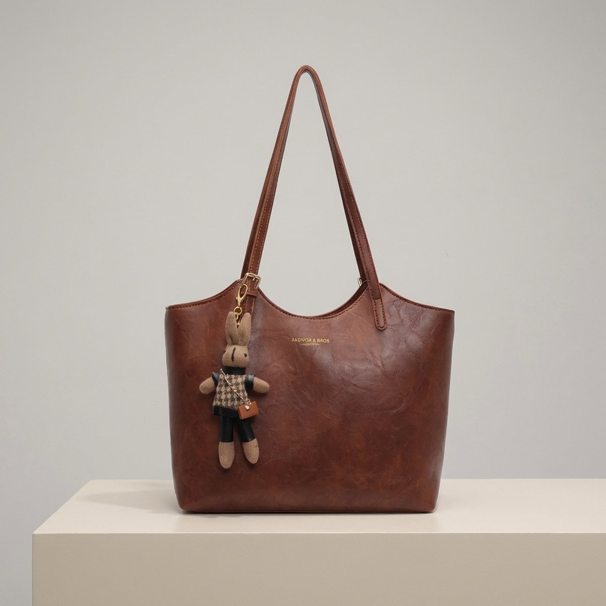 Women's Vegan Leather Charming Bunny Charm Shoulder Tote Bag - Brown