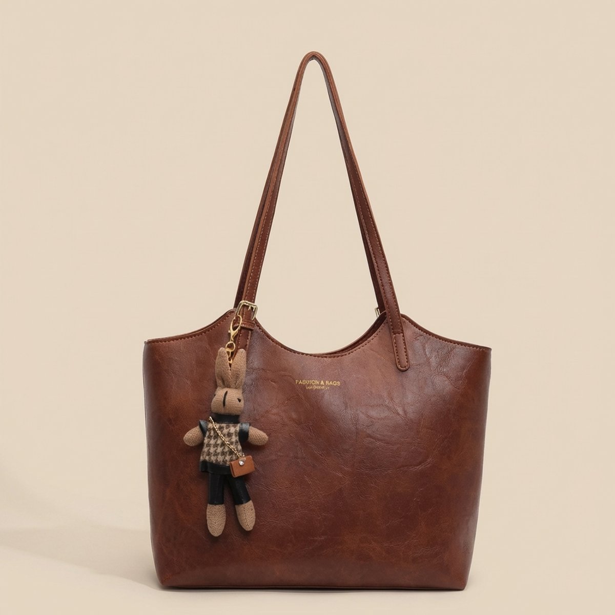 Women's Vegan Leather Charming Bunny Charm Shoulder Tote Bag