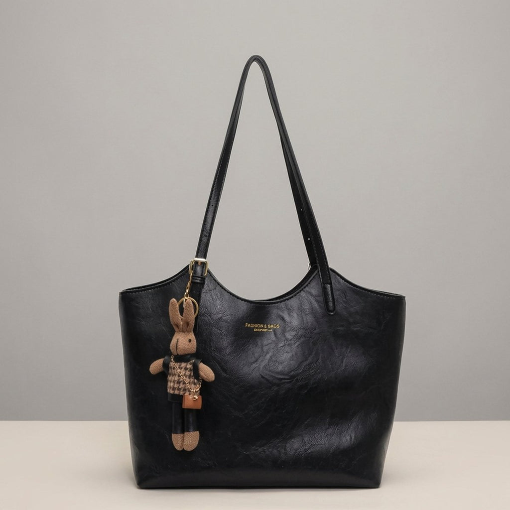 Women's Vegan Leather Charming Bunny Charm Shoulder Tote Bag