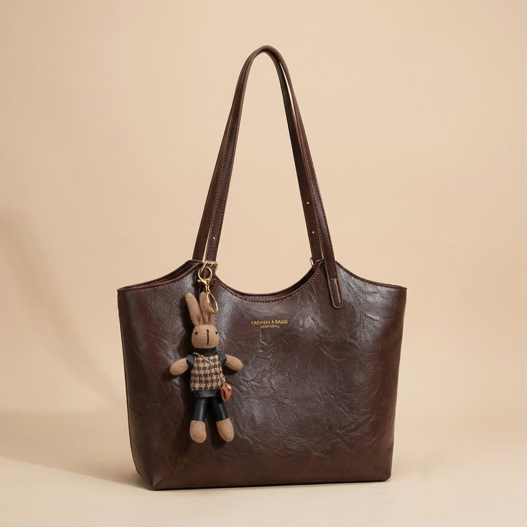Women's Vegan Leather Charming Bunny Charm Shoulder Tote Bag