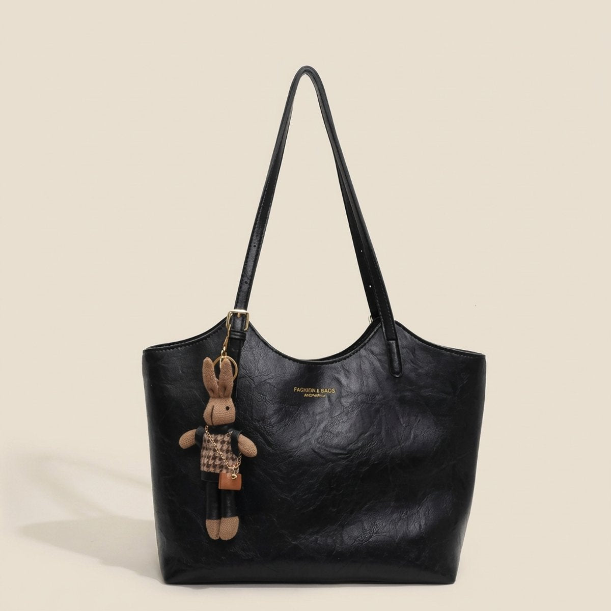 Women's Vegan Leather Charming Bunny Charm Shoulder Tote Bag