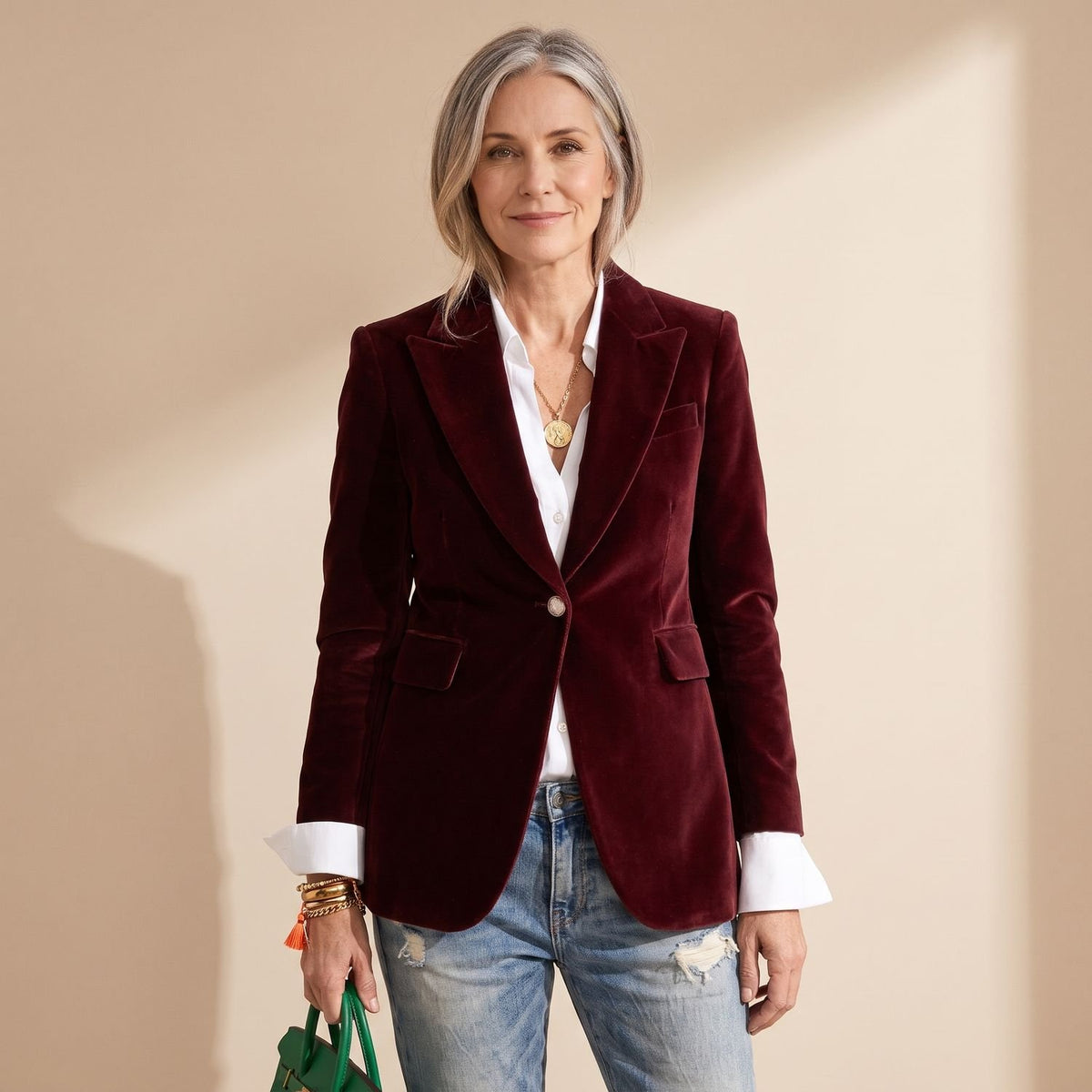 Women's Velvet Blazer Notched Lapel Single-Button Hip-Length Jacket