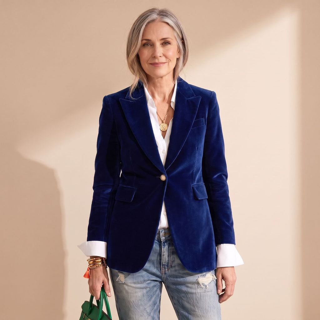 Women's Velvet Blazer Notched Lapel Single-Button Hip-Length Jacket - Navy