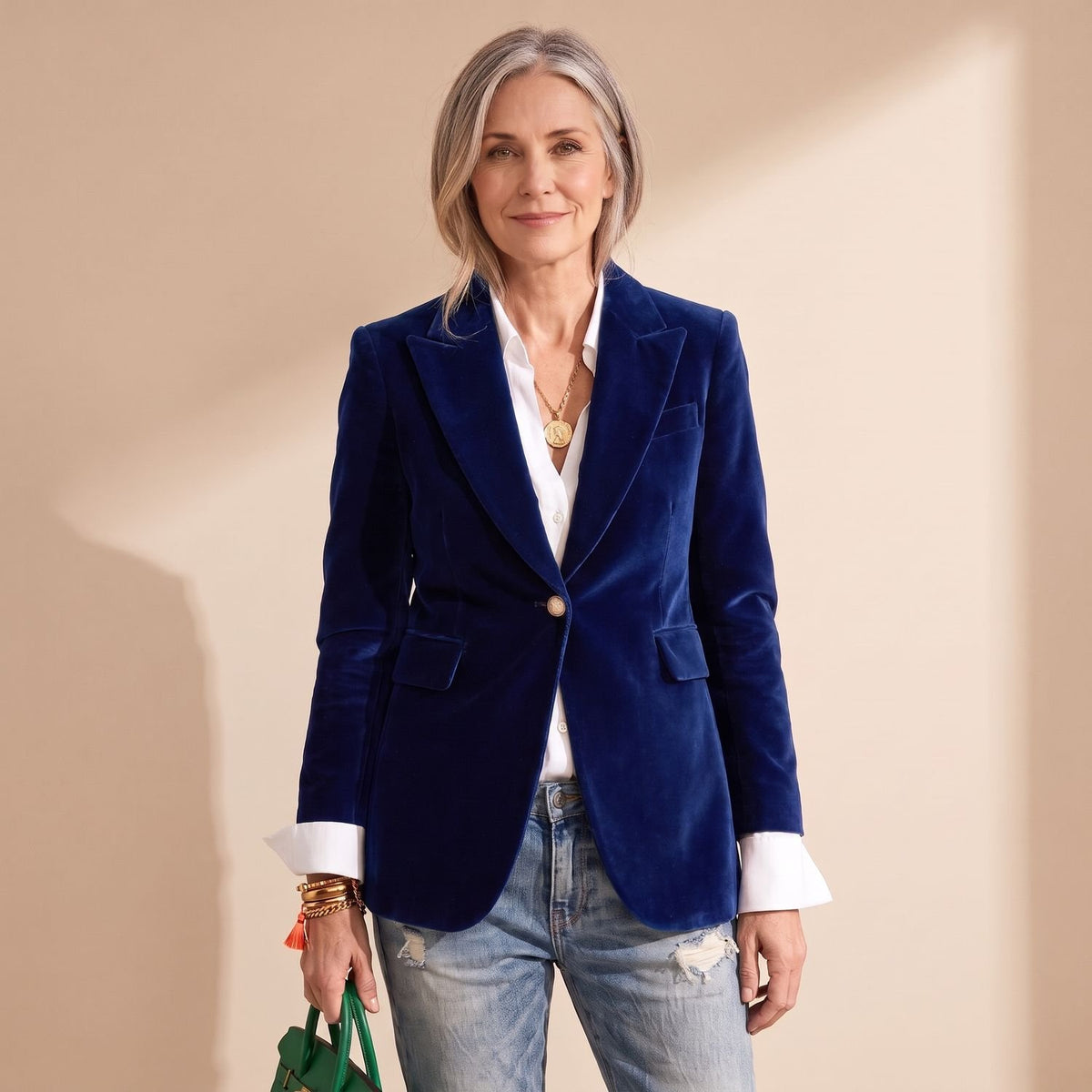 Women's Velvet Blazer Notched Lapel Single-Button Hip-Length Jacket - Navy