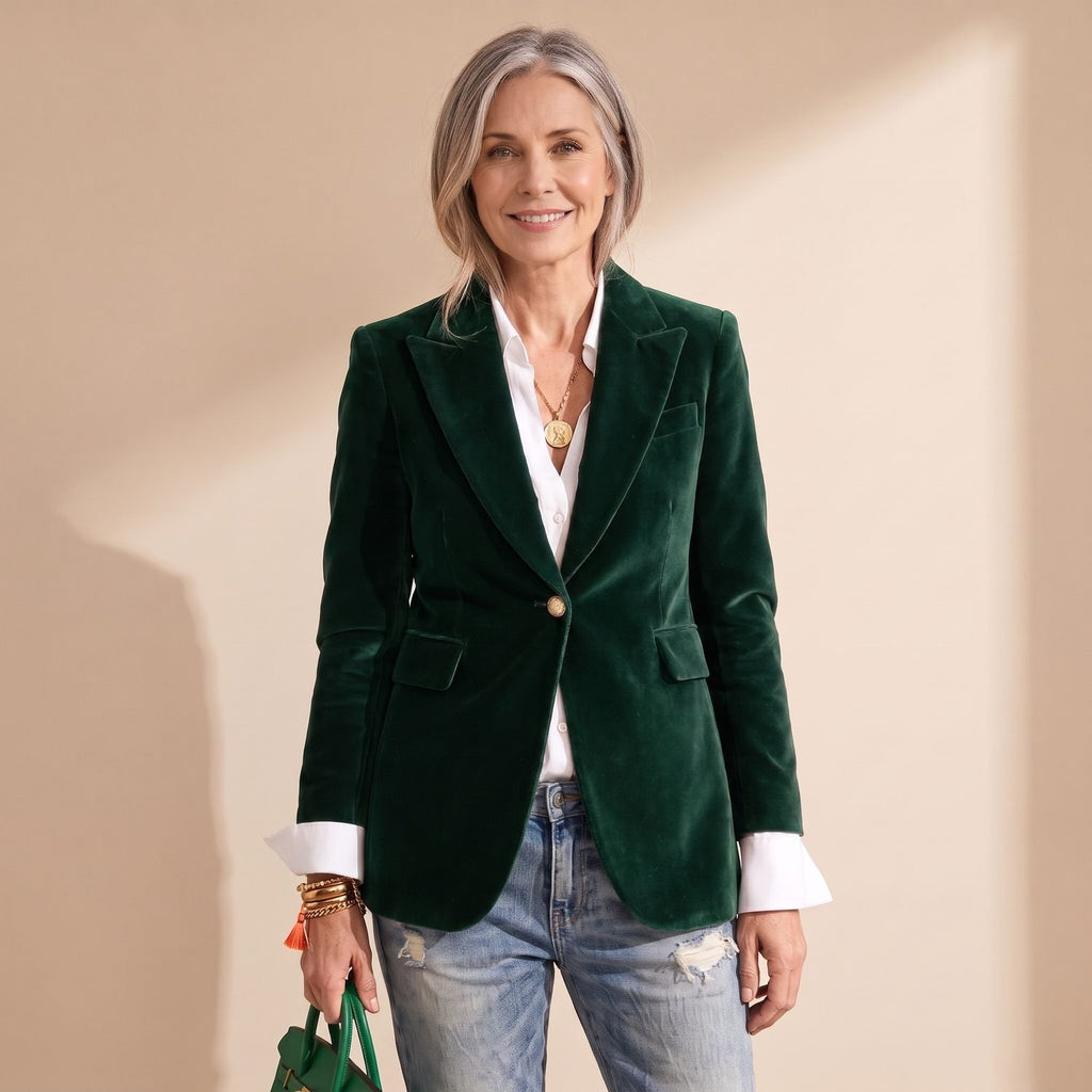 Women's Velvet Blazer Notched Lapel Single-Button Hip-Length Jacket - Green
