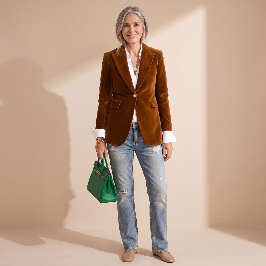 Women's Velvet Blazer Notched Lapel Single-Button Hip-Length Jacket - Brown