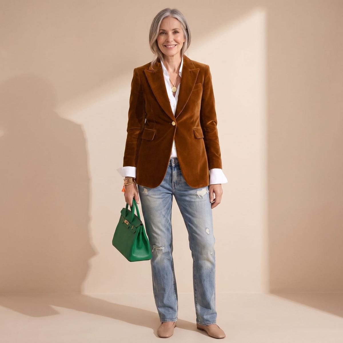 Women's Velvet Blazer Notched Lapel Single-Button Hip-Length Jacket - Brown