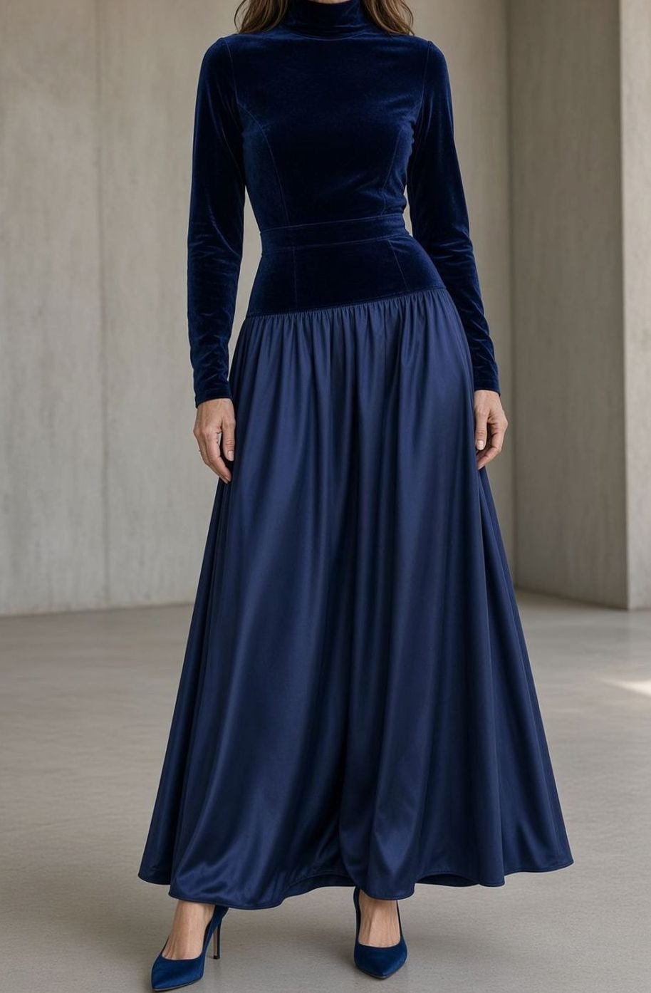 Women's Velvet Bodice Turtleneck Maxi Christmas Party Dress - Blue