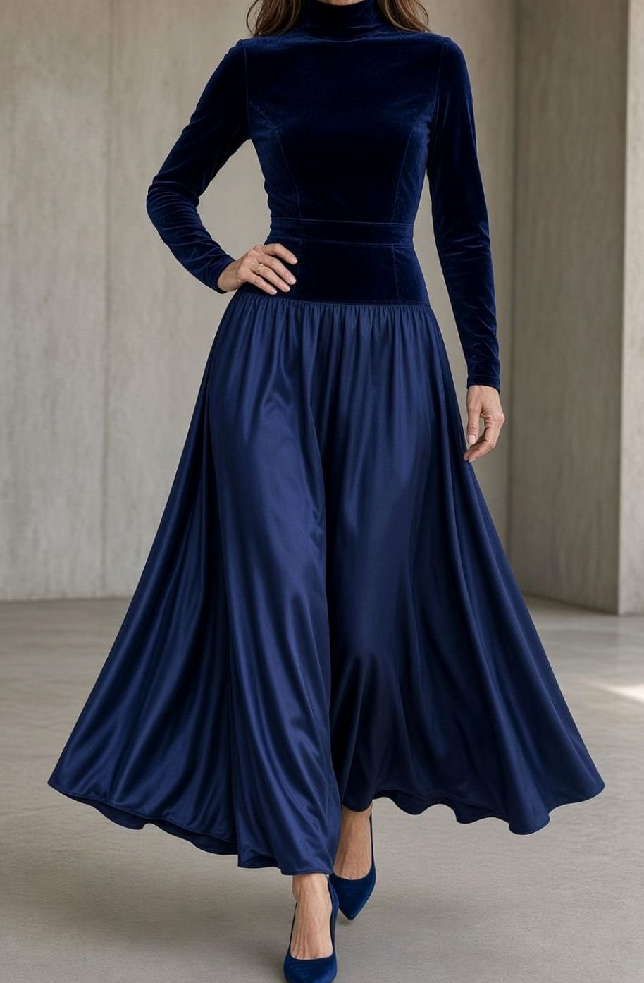 Women's Velvet Bodice Turtleneck Maxi Christmas Party Dress