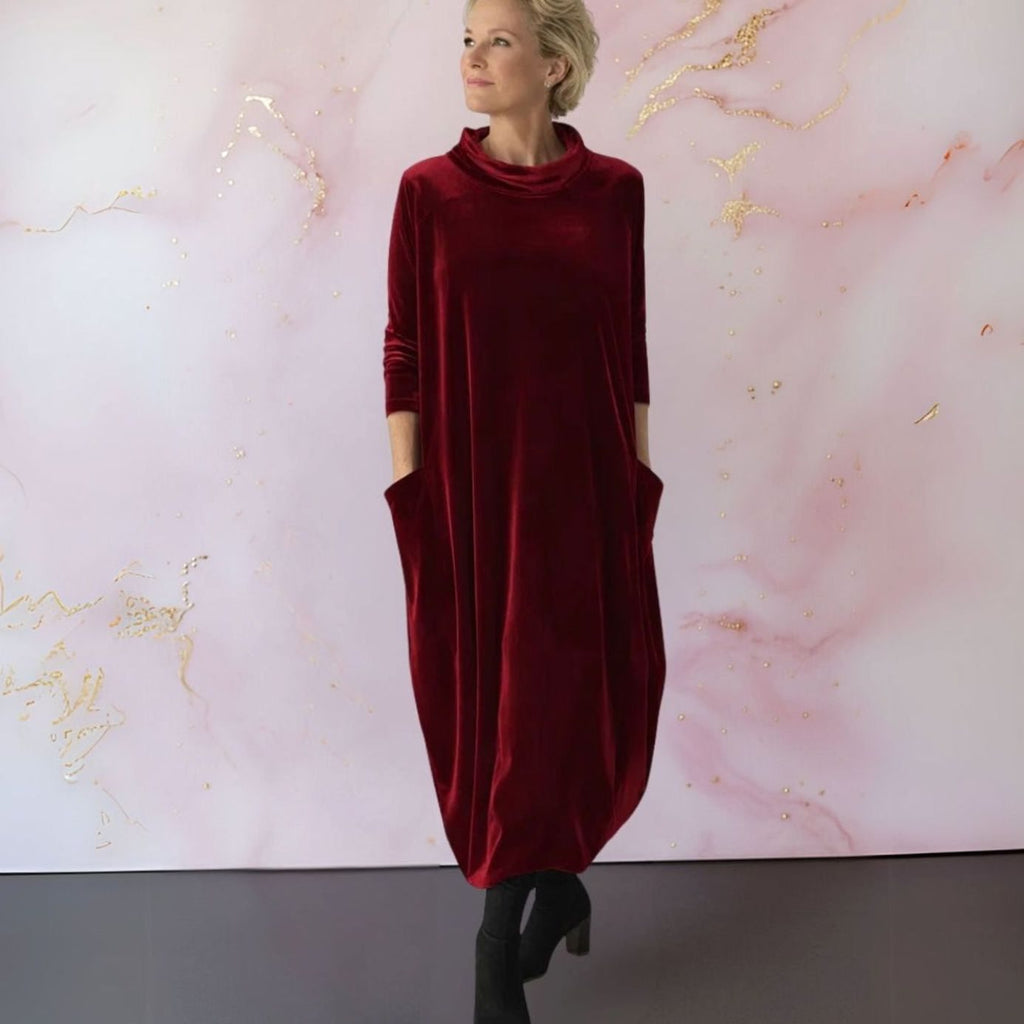 Women's Velvet Cowl-Neck Pocket Maxi Dress - Red
