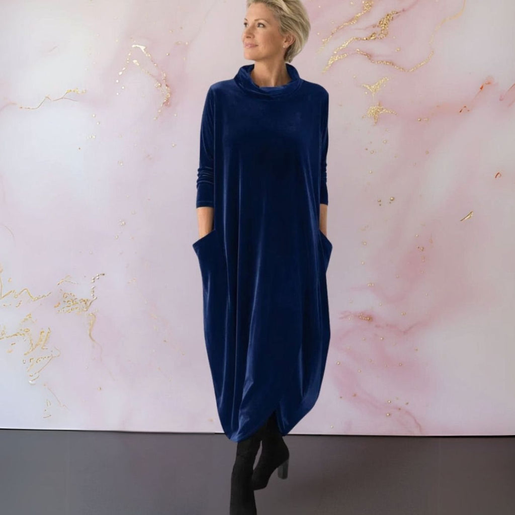 Women's Velvet Cowl-Neck Pocket Maxi Dress - Blue