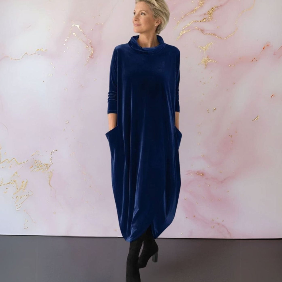 Women's Velvet Cowl-Neck Pocket Maxi Dress - Blue