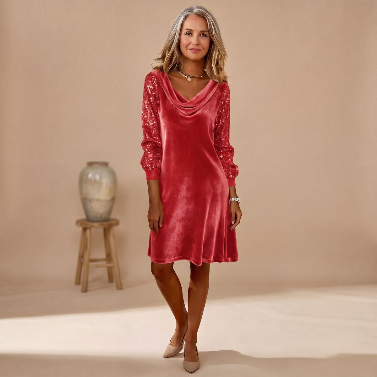 Women's Velvet Cowl-Neck Sequin-Sleeve Christmas Party Dress - Red