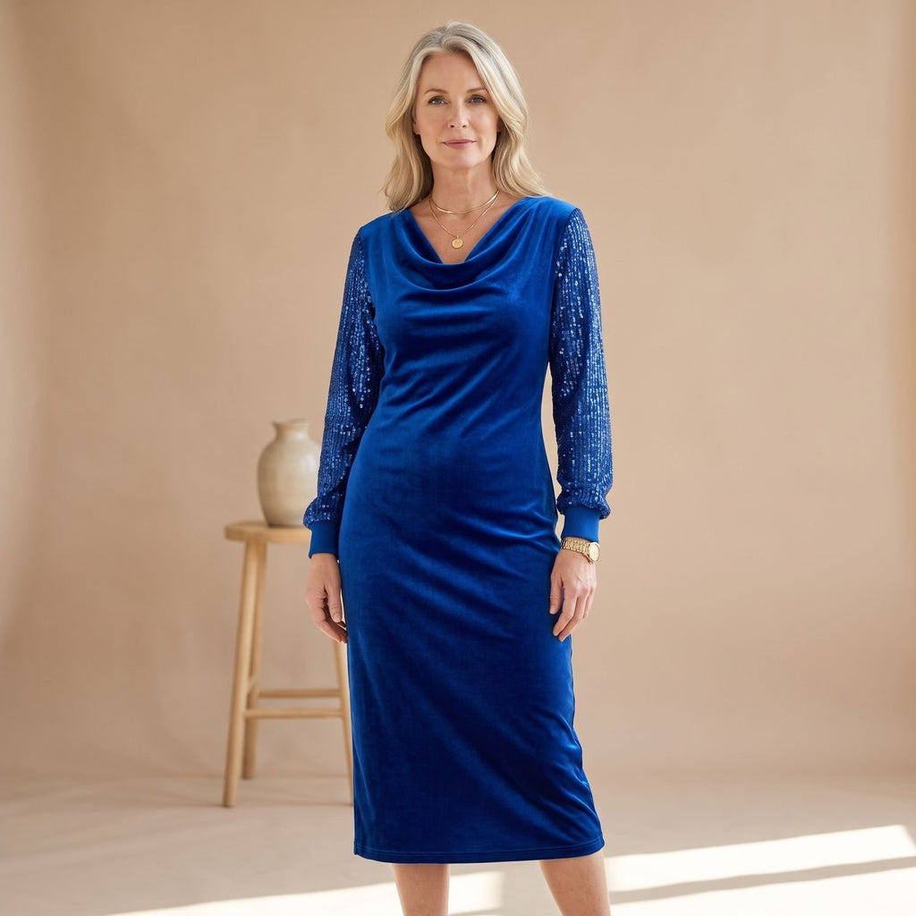 Women's Velvet Cowl-Neck Sequin-Sleeve Christmas Party Dress - Blue