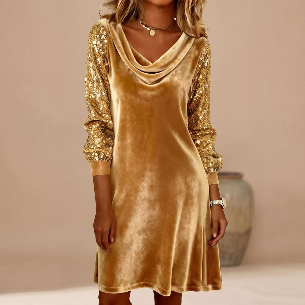 Women's Velvet Cowl-Neck Sequin-Sleeve Christmas Party Dress - Gold
