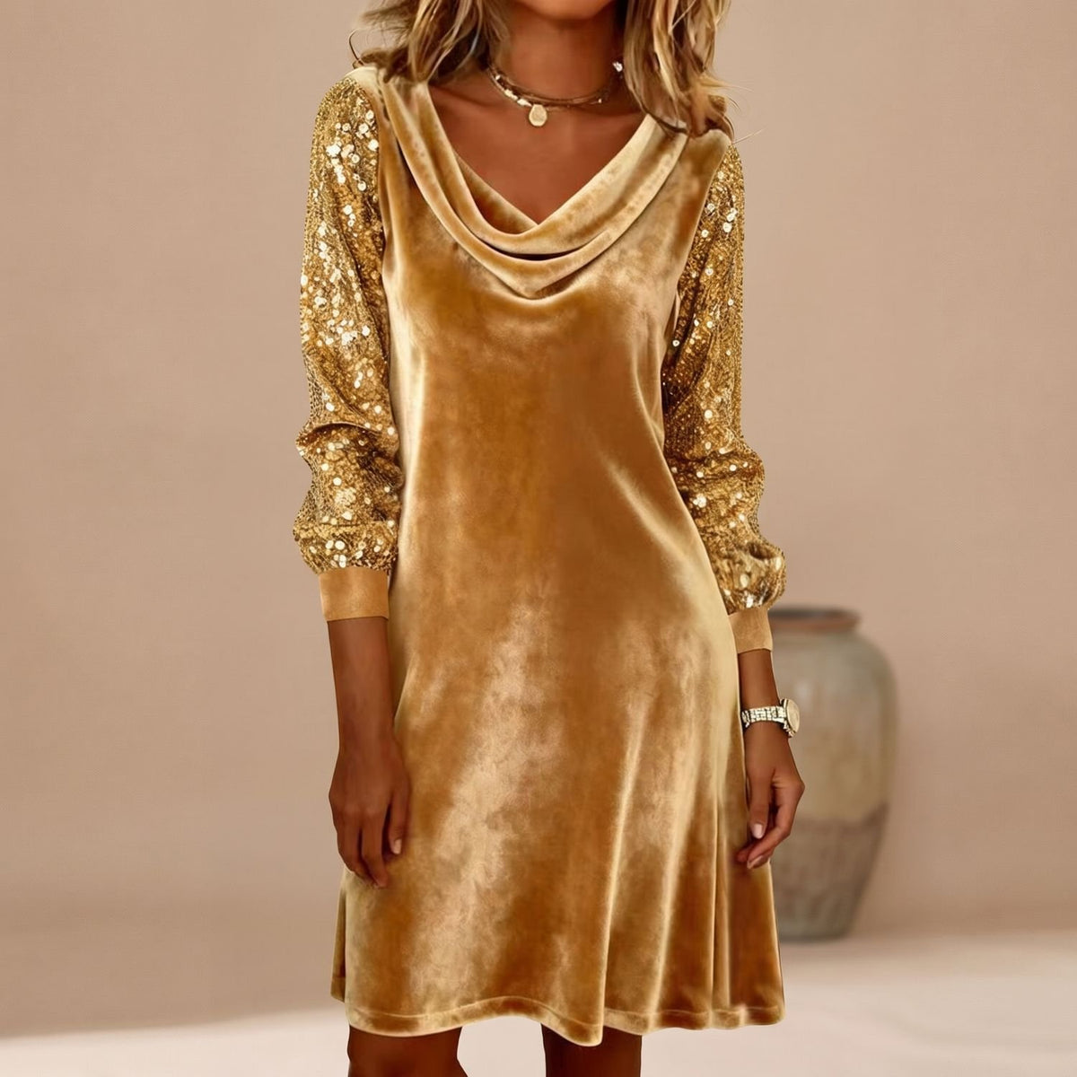 Women's Velvet Cowl-Neck Sequin-Sleeve Christmas Party Dress - Gold