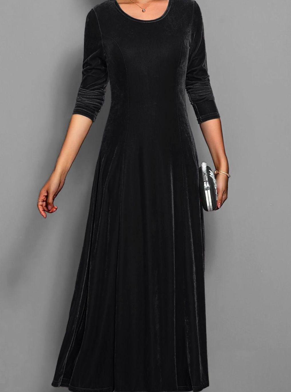 Women's Velvet Long Sleeve Formal Party Dress Maxi A-Line - Black