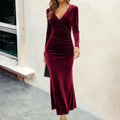Women's Velvet Long-Sleeve V-Neck Ruched Formal Dresses - Red