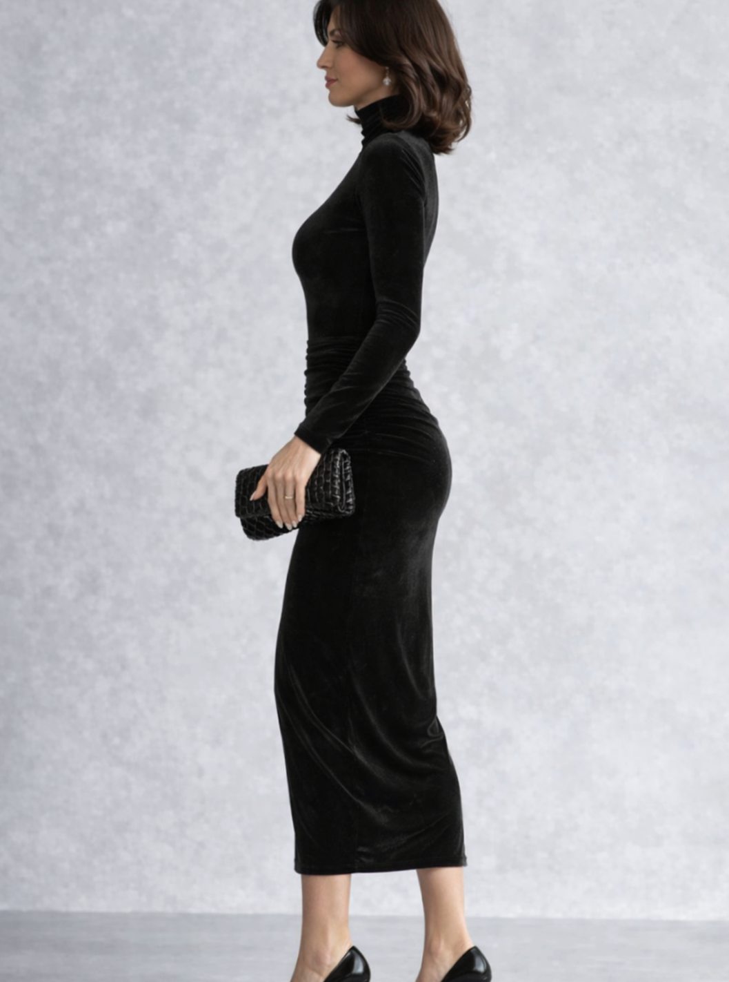 Women's Velvet Ruched Turtleneck Midi Cocktail Dress