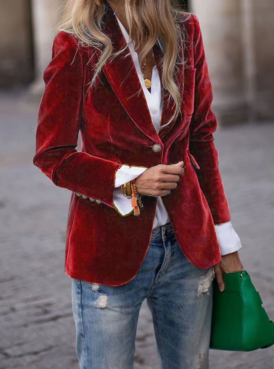 Women's Velvet Single-Button Casual Blazer Jacket - Dark Red