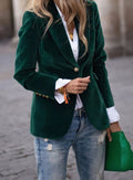 Women's Velvet Single-Button Casual Blazer Jacket - Dark Green