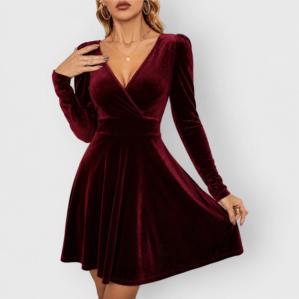 Women's Velvet Skater Formal Dresses Long Sleeve V-Neck - Red