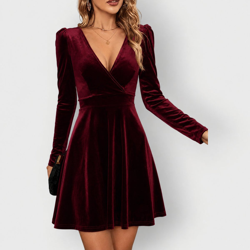Women's Velvet Skater Formal Dresses Long Sleeve V-Neck