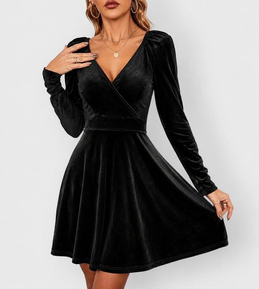 Women's Velvet Skater Formal Dresses Long Sleeve V-Neck - Black