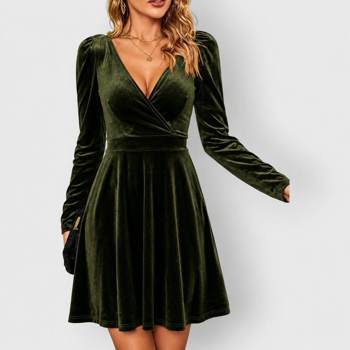 Women's Velvet Skater Formal Dresses Long Sleeve V-Neck