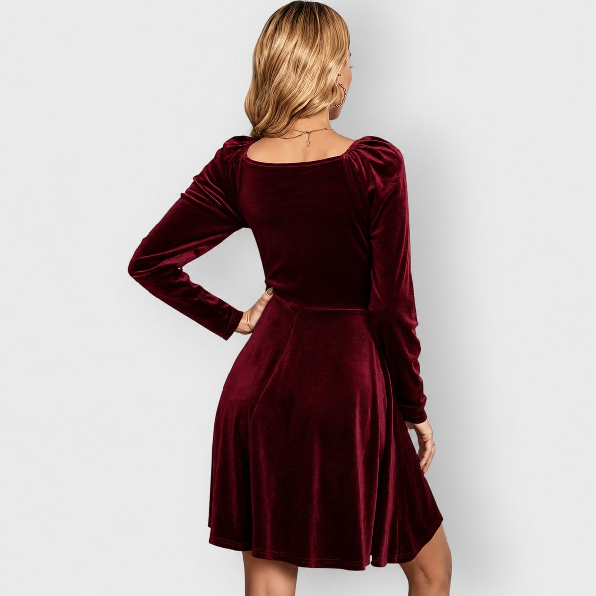 Women's Velvet Skater Formal Dresses Long Sleeve V-Neck