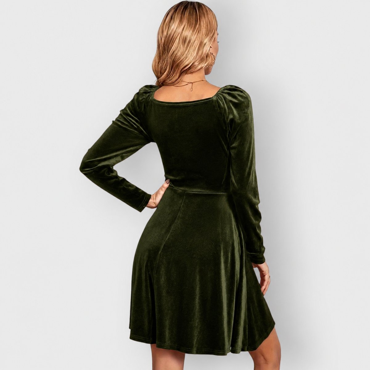 Women's Velvet Skater Formal Dresses Long Sleeve V-Neck