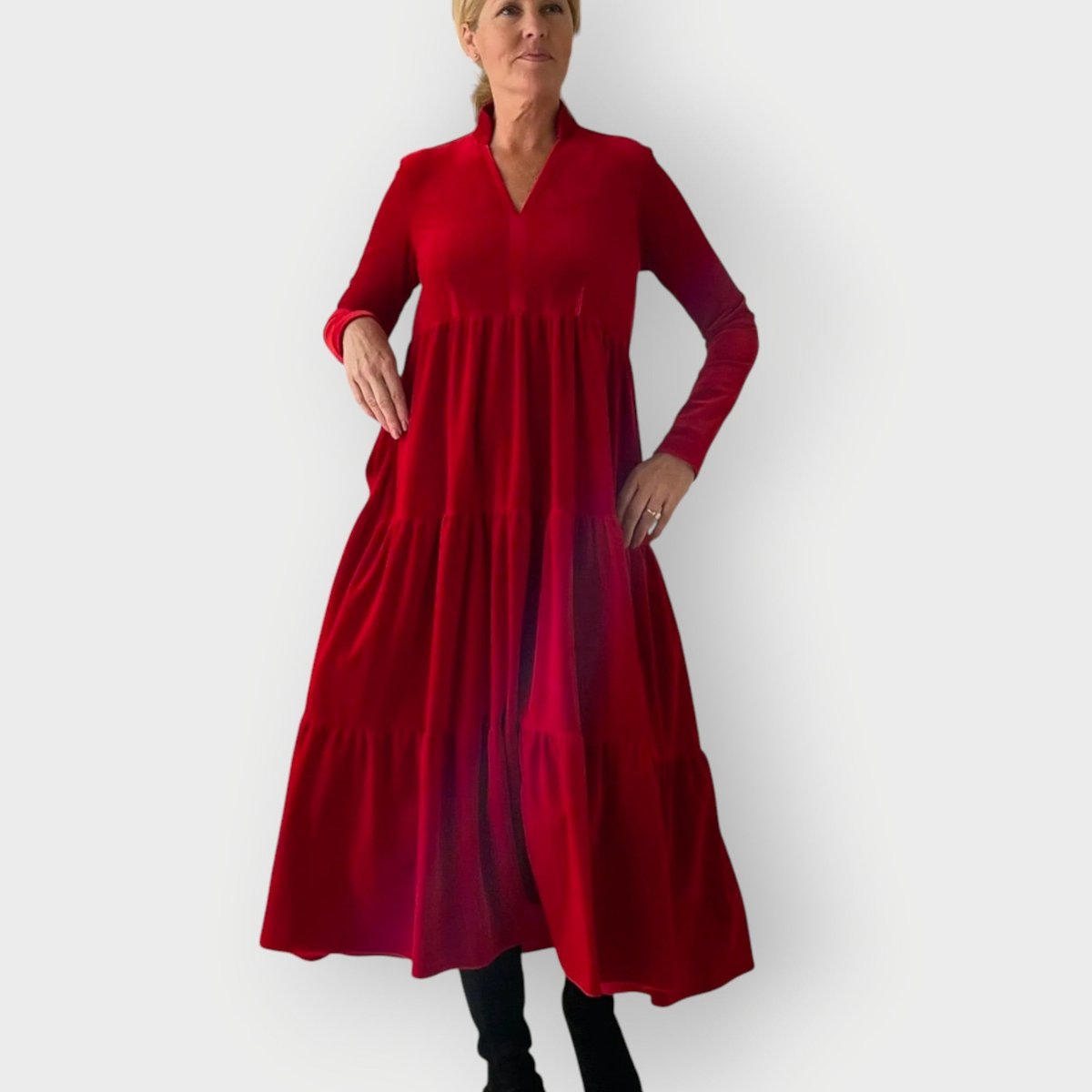 Women's Velvet Tiered Long-Sleeve Formal Dresses Maxi - Red