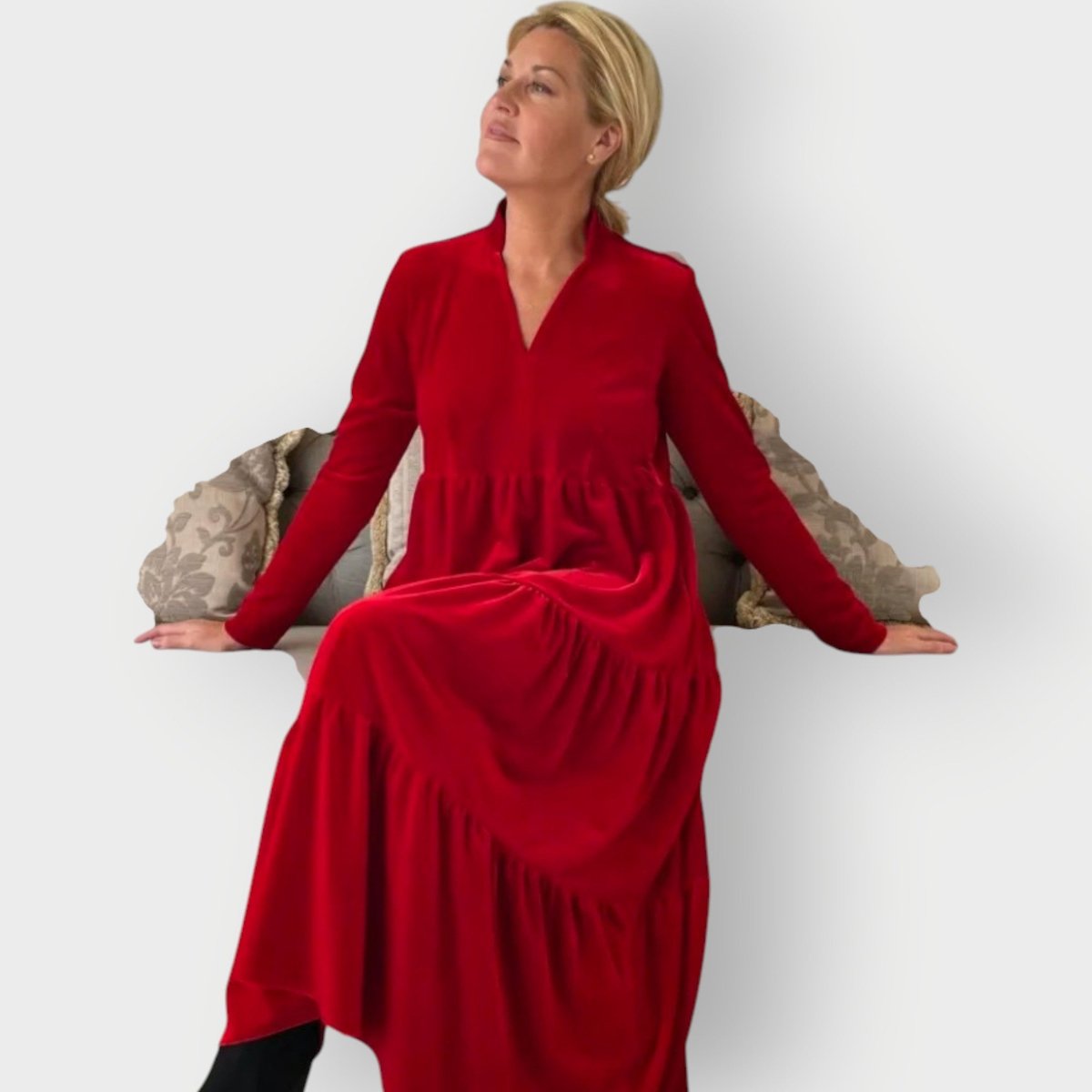 Women's Velvet Tiered Long-Sleeve Formal Dresses Maxi