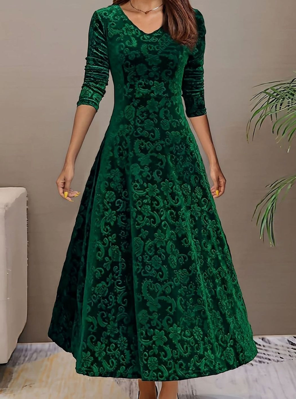 Women's Velvet V-Neck Long-Sleeve Flared Midi Cocktail Dress