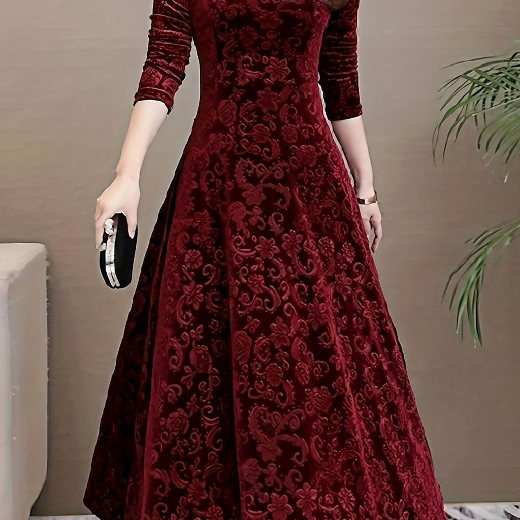 Women's Velvet V-Neck Long-Sleeve Flared Midi Cocktail Dress
