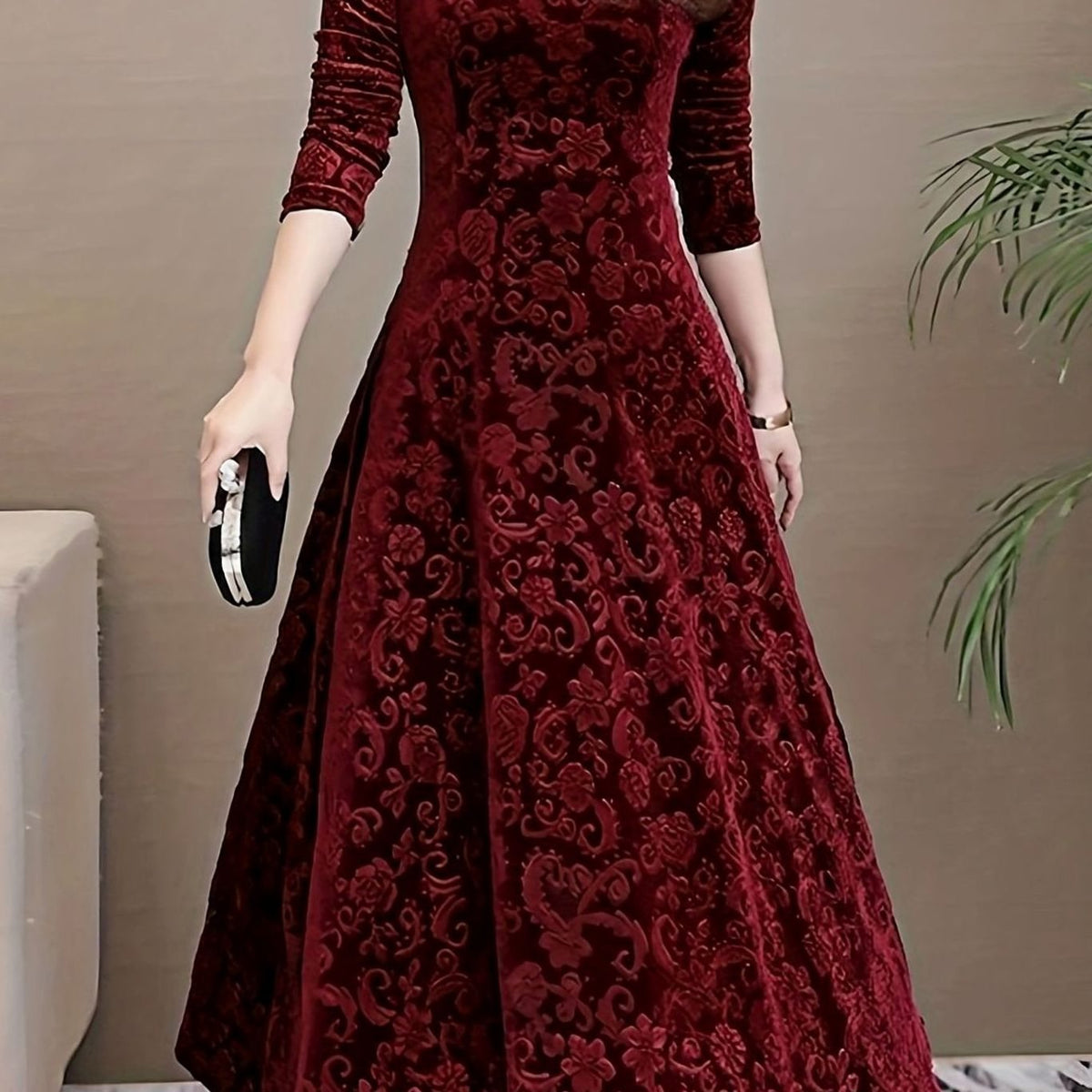Women's Velvet V-Neck Long-Sleeve Flared Midi Cocktail Dress