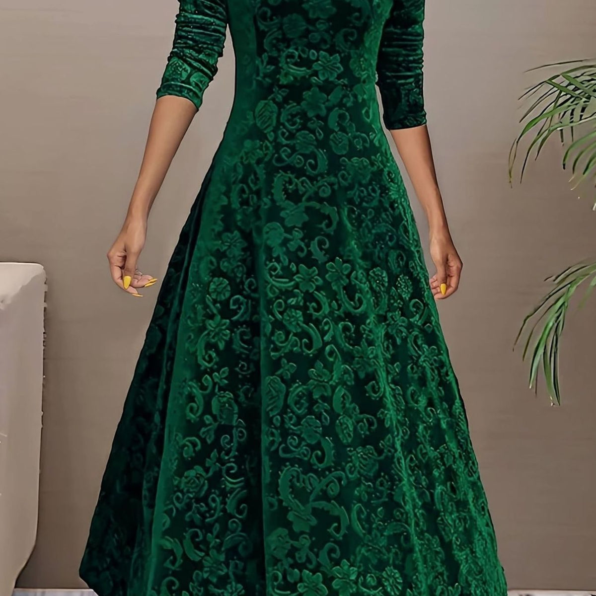Women's Velvet V-Neck Long-Sleeve Flared Midi Cocktail Dress