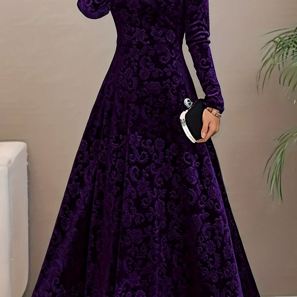 Women's Velvet V-Neck Long-Sleeve Flared Midi Cocktail Dress