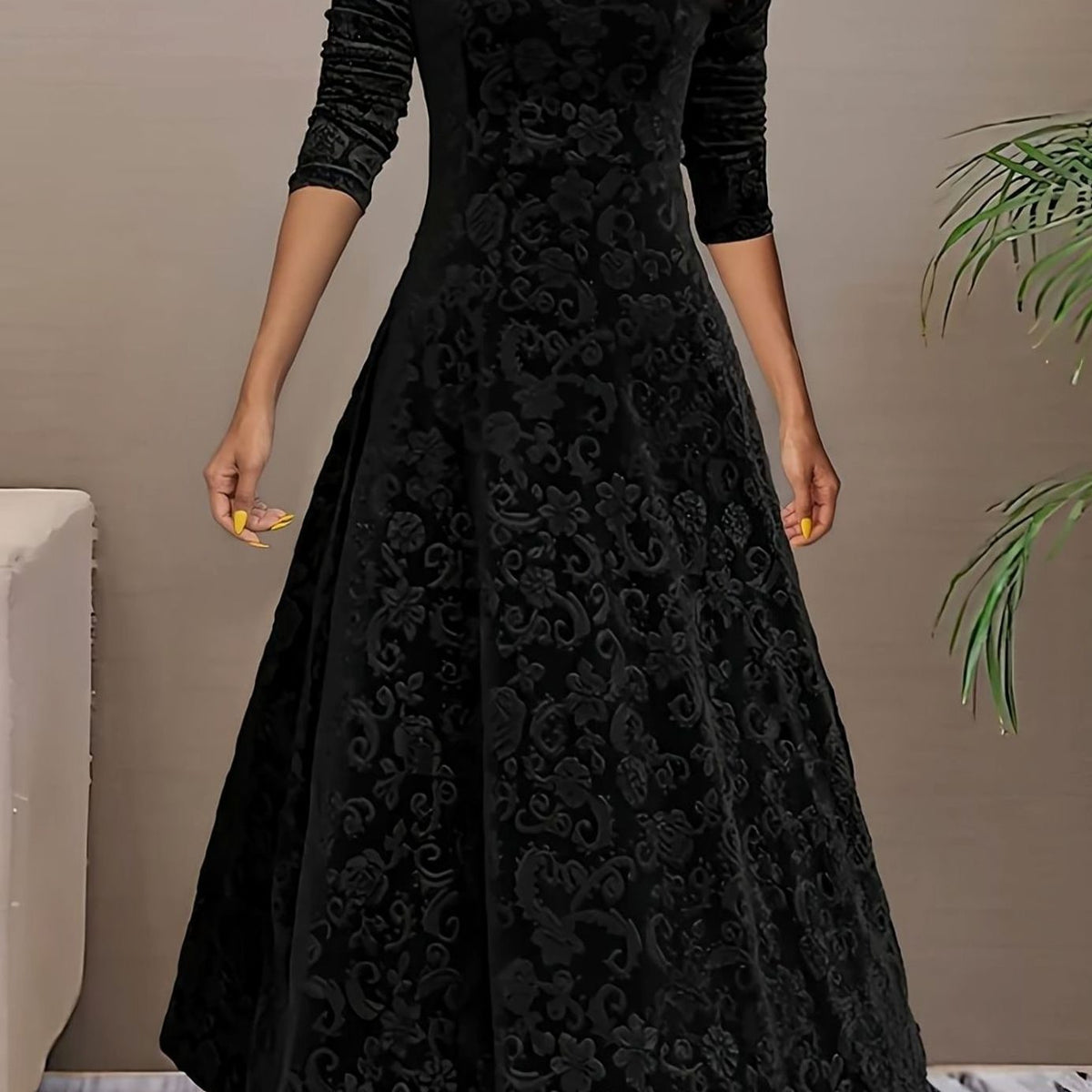 Women's Velvet V-Neck Long-Sleeve Flared Midi Cocktail Dress