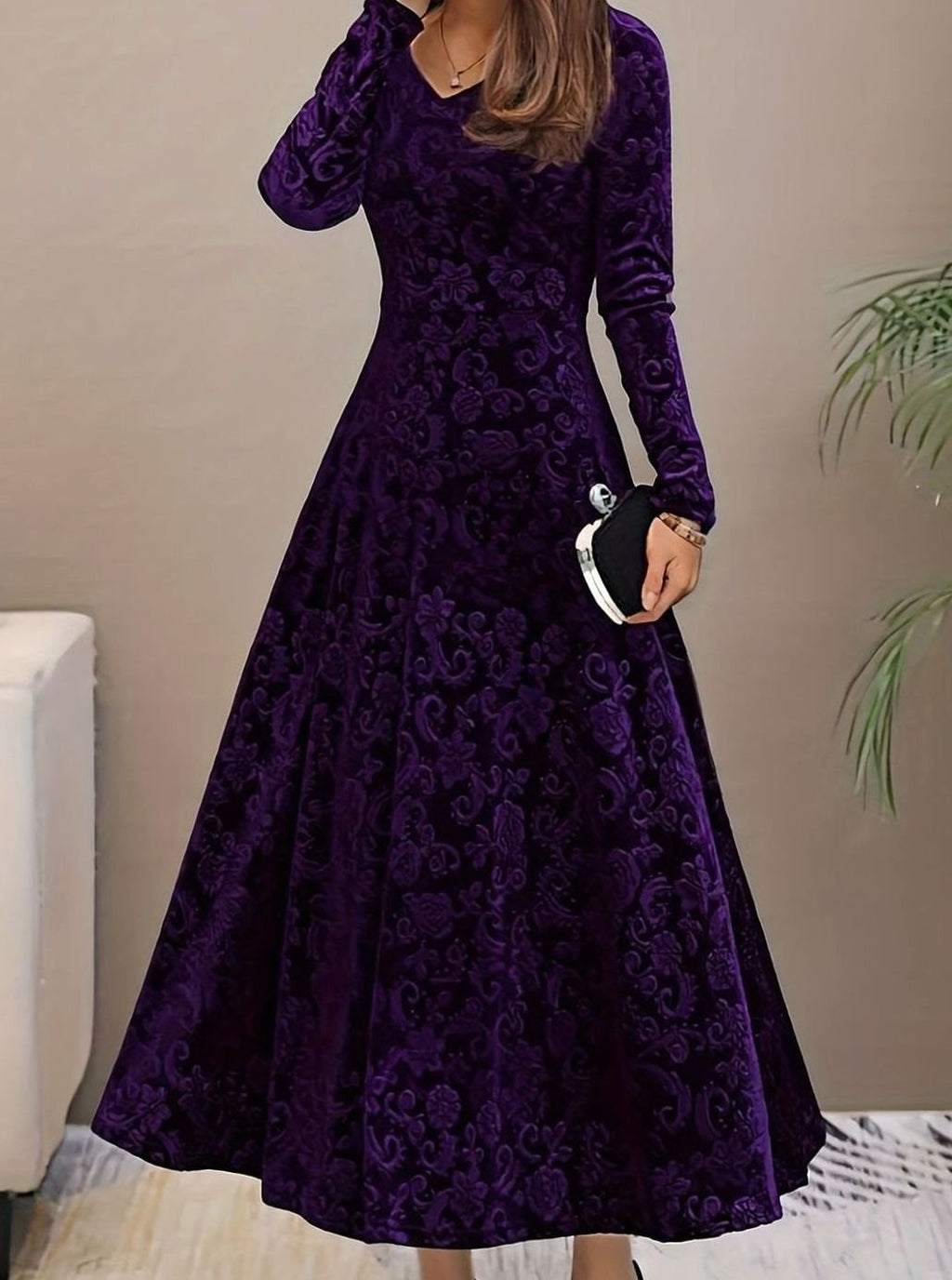 Women's Velvet V-Neck Long-Sleeve Flared Midi Cocktail Dress