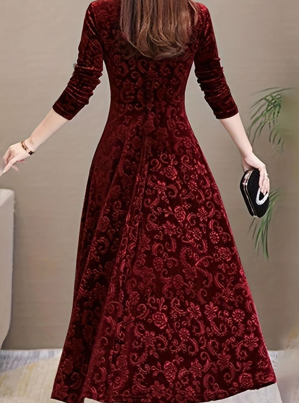 Women's Velvet V-Neck Long-Sleeve Flared Midi Cocktail Dress - Burgundy