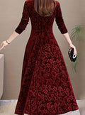 Women's Velvet V-Neck Long-Sleeve Flared Midi Cocktail Dress - Burgundy