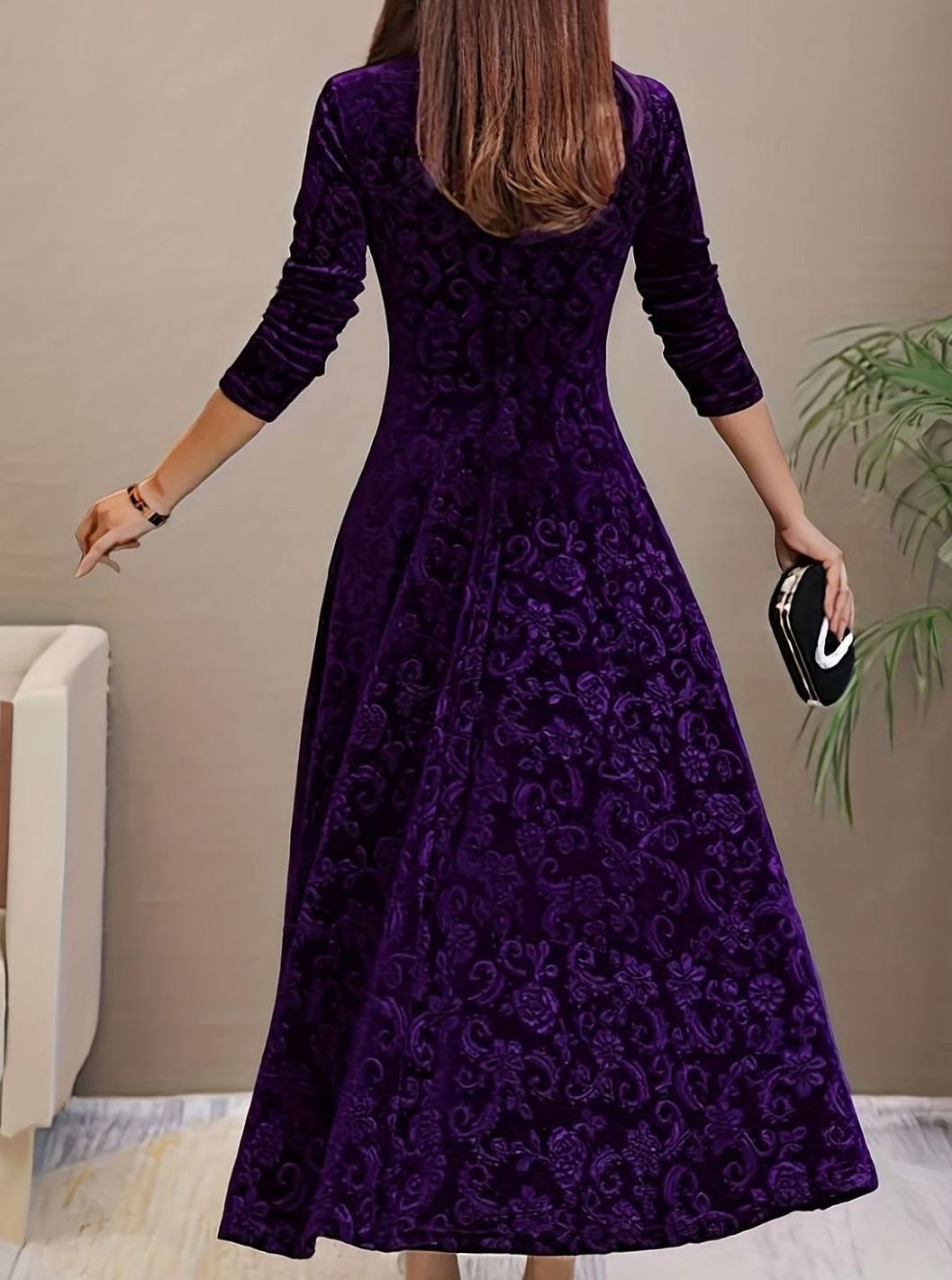 Women's Velvet V-Neck Long-Sleeve Flared Midi Cocktail Dress - Purple