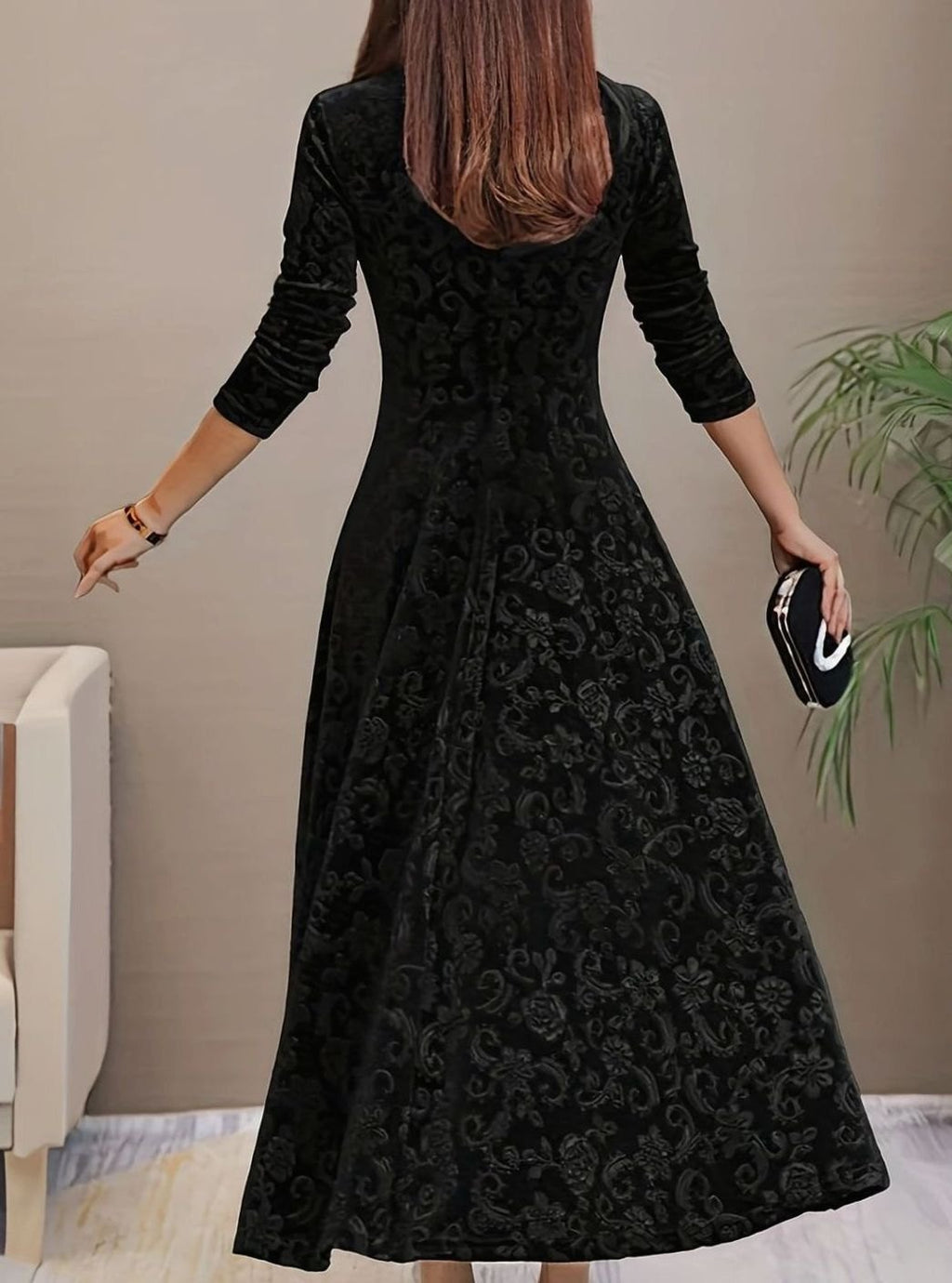Women's Velvet V-Neck Long-Sleeve Flared Midi Cocktail Dress - Black