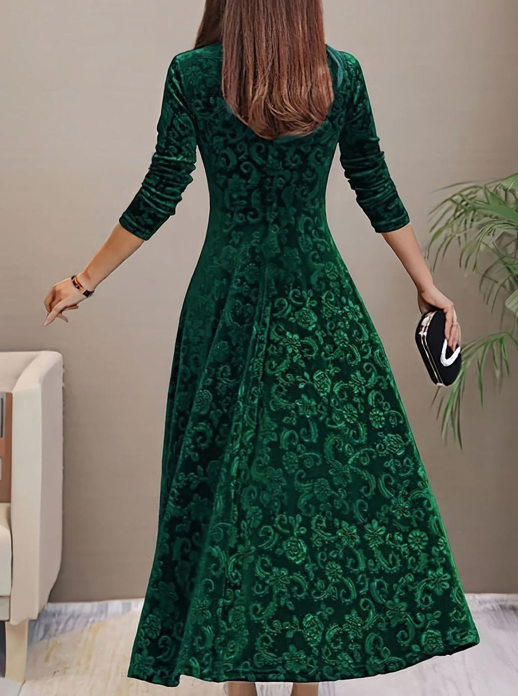 Women's Velvet V-Neck Long-Sleeve Flared Midi Cocktail Dress - Dark Green