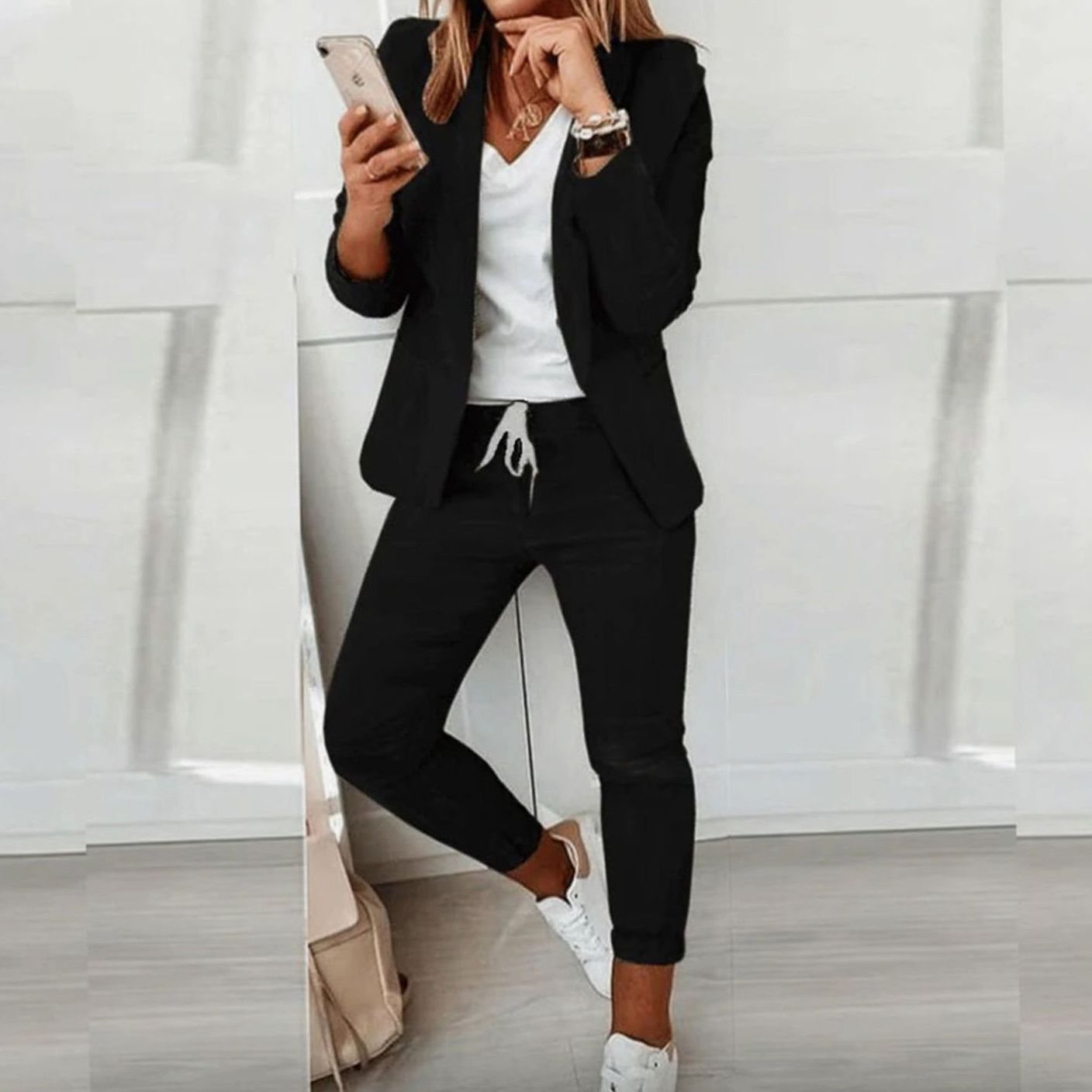 Women's Versatile Blazer Jogger Pants Two-Piece Set - Black